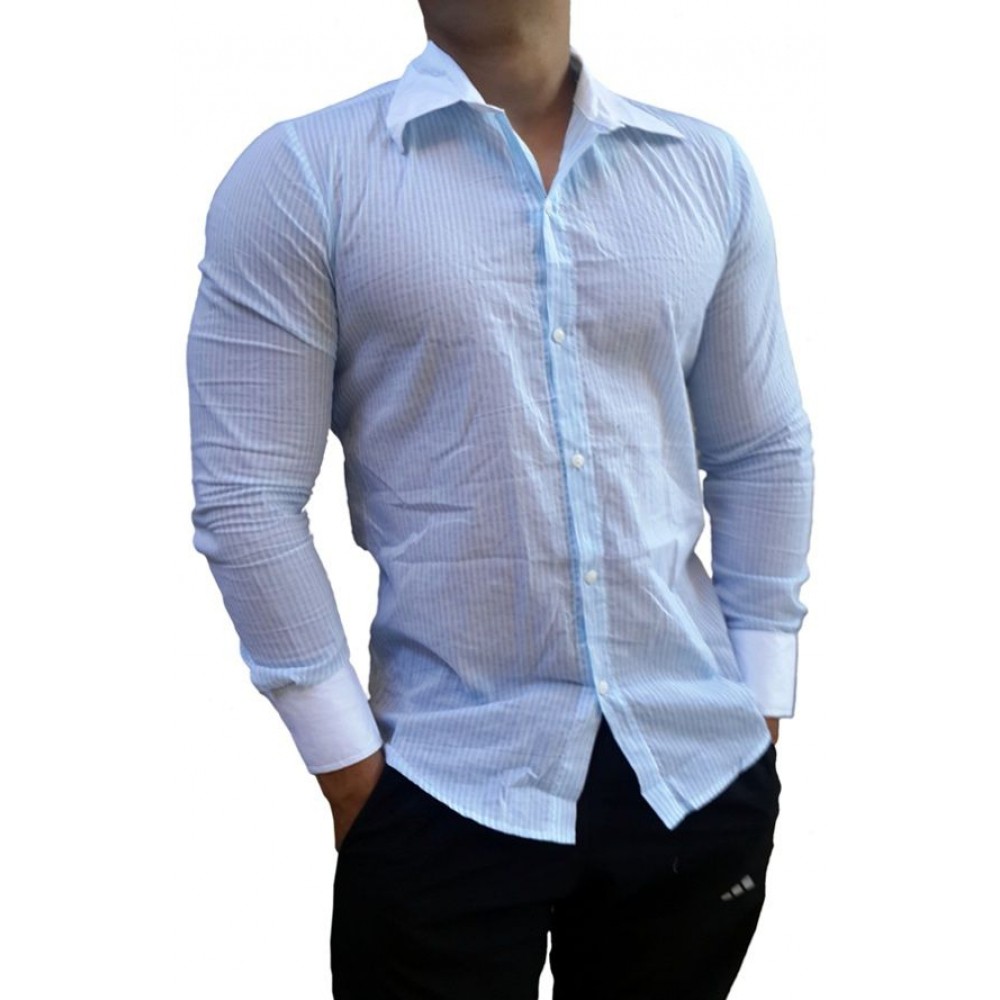 camisa social listrada azul