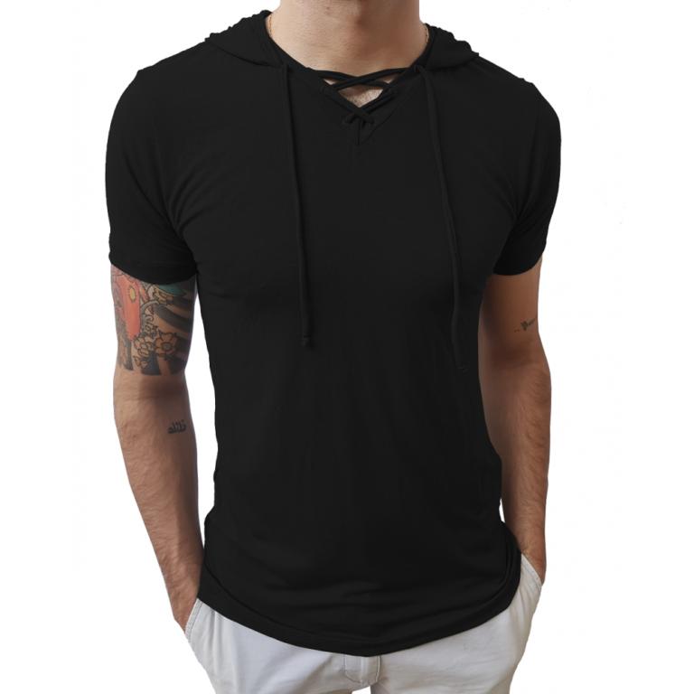 Camiseta Gola V Rasa Capuz Cordão Manga Curta