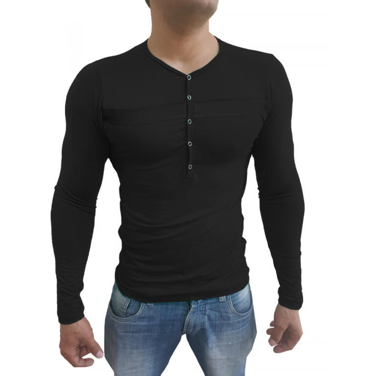 Camiseta Básica Masculina Com Botão e Detalhe Manga Longa