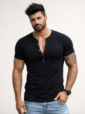Camiseta Masculina Slim Botão de Pressão Manga Curta Sjons
