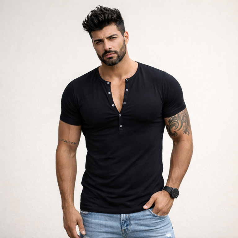 Camiseta Masculina Slim Botão de Pressão Manga Curta Sjons