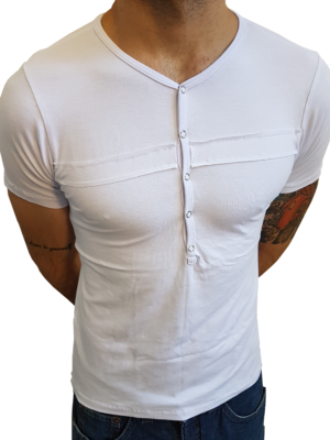 Camiseta Básica Masculina Com Botão e Detalhe Manga Curta