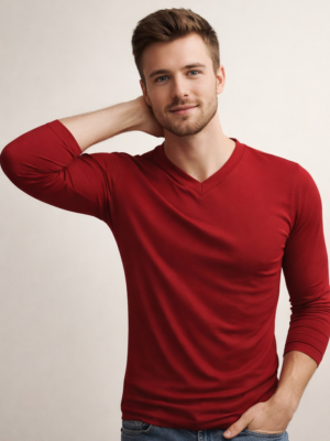 Camiseta Vermelha Gola V rasa manga longa Sjons