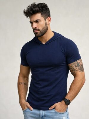 camiseta azulmarinho gola redonda com capuz manga curta sjons