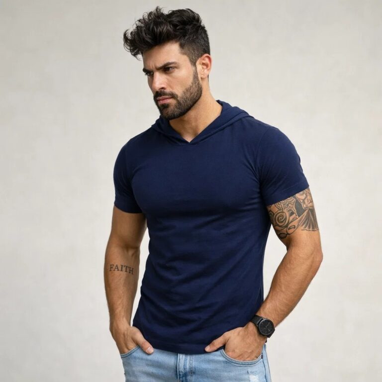 camiseta azulmarinho gola redonda com capuz manga curta sjons