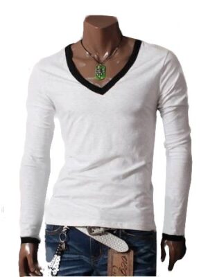 Camiseta Gola V cavada Manga Longa Branco Com gola e punhos Preto