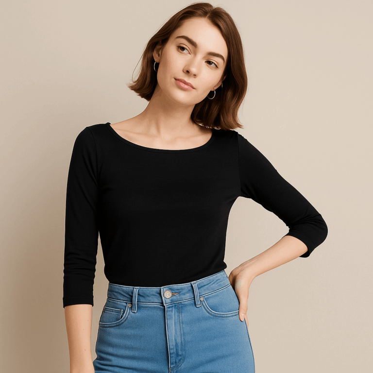 Blusa Feminina Básica Decote Gola Canoa Manga 3/4