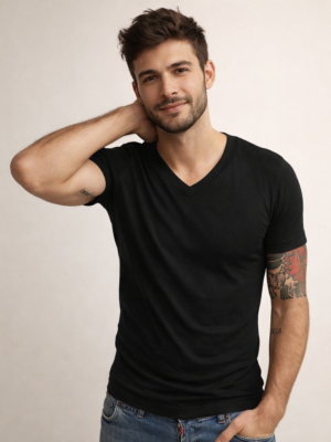 Camiseta preto gola v rasa manga curta sjons