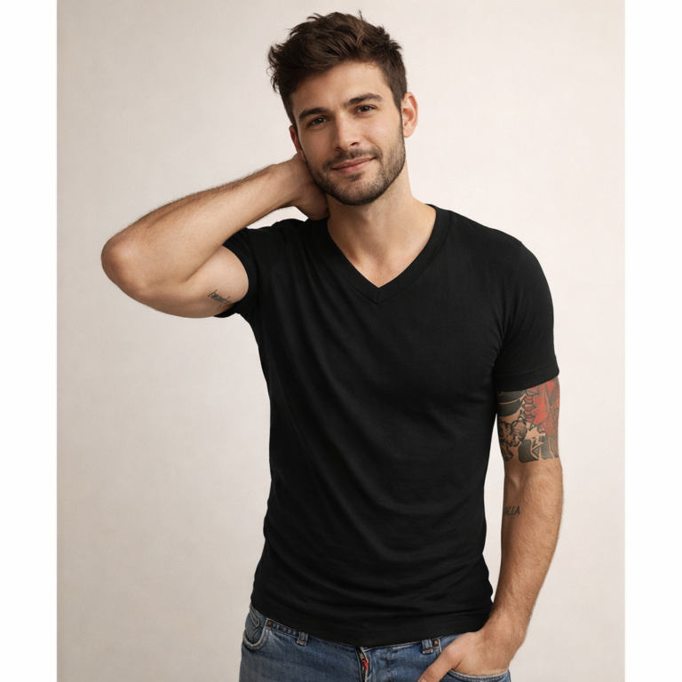 Camiseta preto gola v rasa manga curta sjons