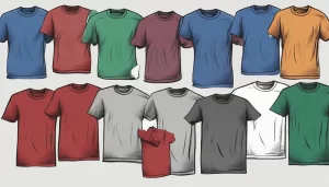 Camisetas coloridas e neutras bem organizadas em prateleira, representando opções para todos os gostos.