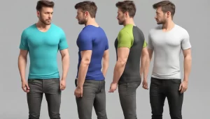 Manequins sem cabeça exibindo camisetas com cores vibrantes e designs modernos, representando as tendências da moda para camisetas em 2024.