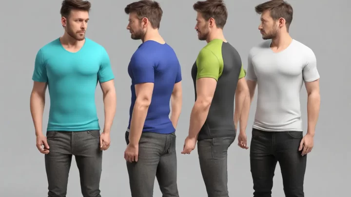 Manequins sem cabeça exibindo camisetas com cores vibrantes e designs modernos, representando as tendências da moda para camisetas em 2024.