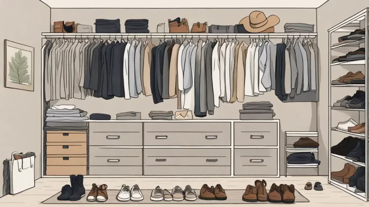 Guarda-roupa cápsula masculino organizado com camisas, calças e acessórios dispostos de forma minimalista.