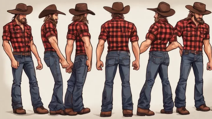 Homem adulto em uma festa junina, vestindo camisa xadrez vermelha e preta, calça jeans e botas de couro, com chapéu de palha e cinto de couro, segurando uma caneca de madeira em frente a uma fogueira,