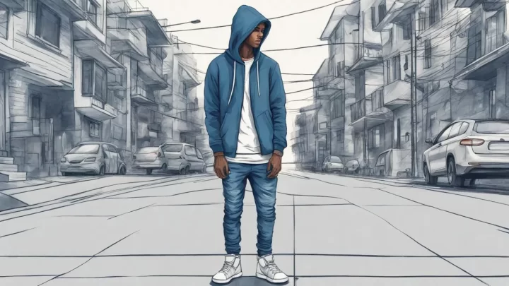 Homem jovem usando moletom cinza com capuz, calça jeans azul escuro e tênis branco em uma rua urbana moderna com prédios e árvores ao fundo.