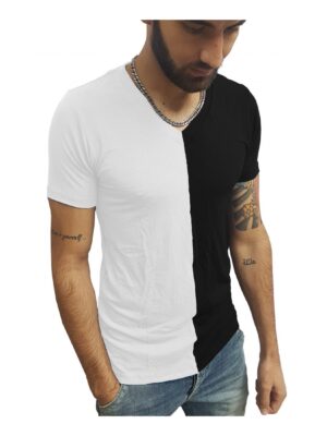 Camisa Masculina Gola V Média Duas Cores Manga Curta Sjons