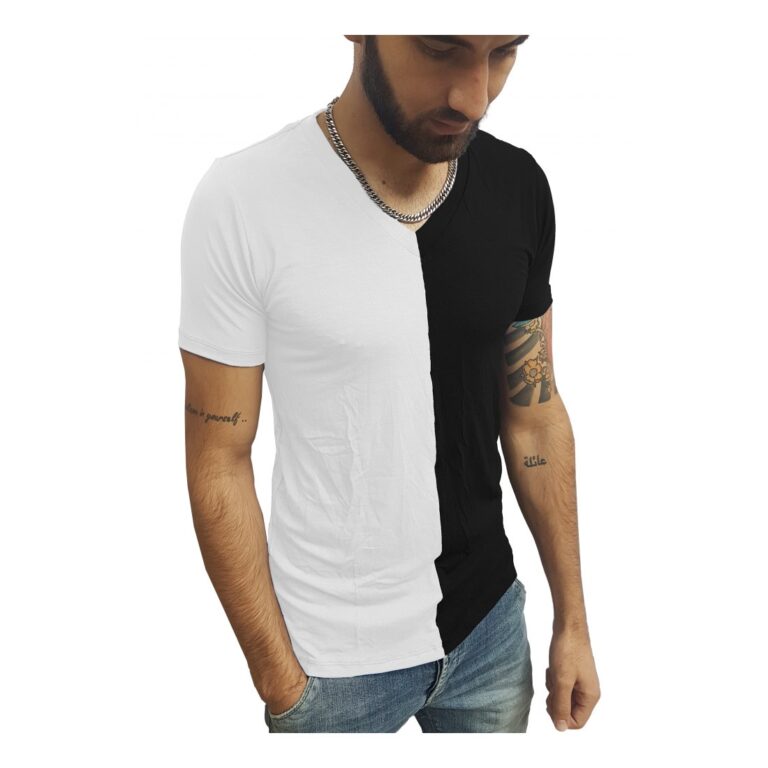 Camisa Masculina Gola V Média Duas Cores Manga Curta Sjons