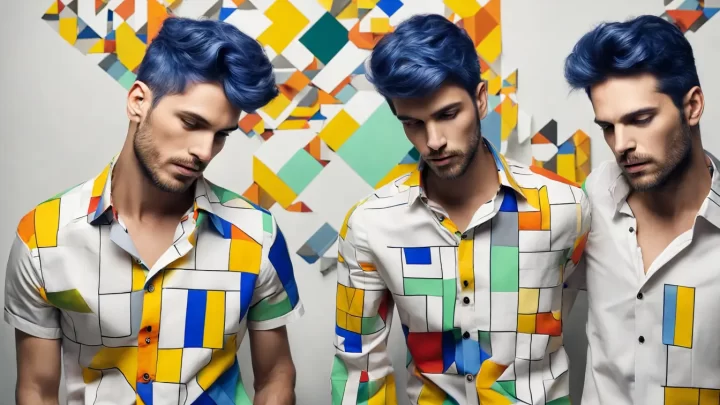 Homem vestindo camisa de time com design geométrico de blocos de cores vibrantes.