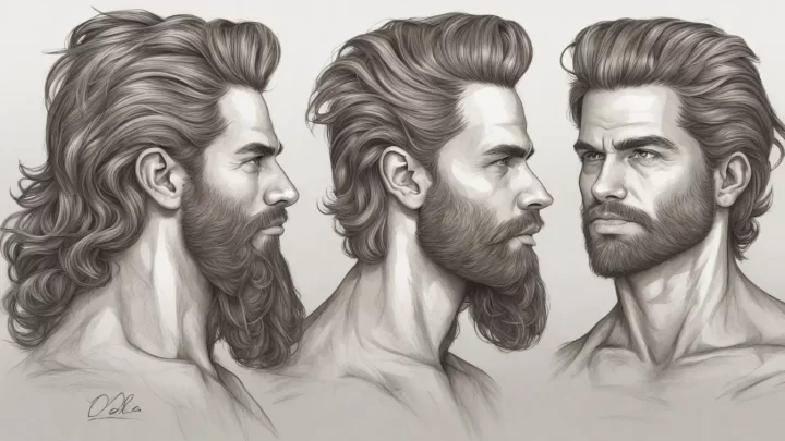 Homem de cabelo castanho liso, cabeleireiro com tesoura e pente, espelho refletindo rosto dela, prateleiras com produtos de cabelo ao fundo.