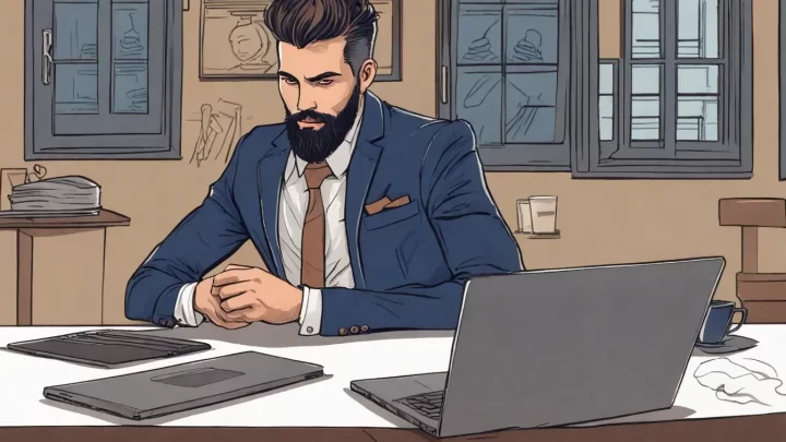 Homem de terno cinza escuro com camisa branca e gravata azul marinho ao lado de uma mesa de escritório de madeira com laptop e documentos.