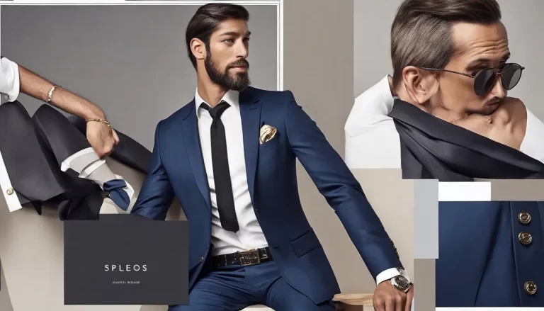 Homem elegante de 30 anos com terno azul marinho, usando óculos de sol dourados, sentado em um escritório moderno com laptop e estante ao fundo.