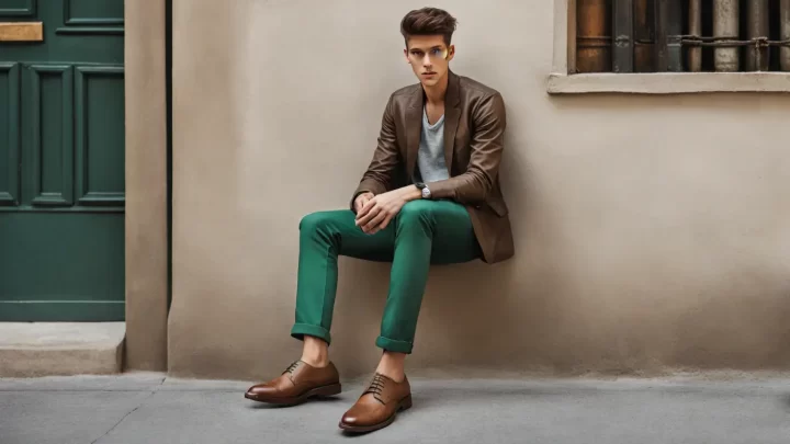 Homem jovem com jaqueta verde oliva, calça marrom clara e sapatos azuis, com parede de tijolos cinza, planta em vaso e bicicleta preta ao fundo.