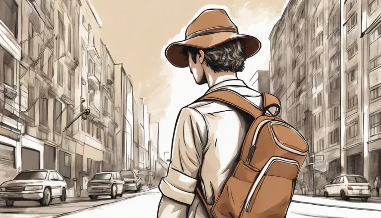 Uma jovem usando uma mochila de couro marrom, um relógio prateado, chapéu de palha bege e óculos de sol pretos em uma rua urbana movimentada.