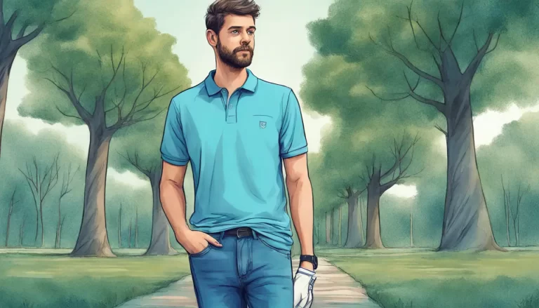 Homem em pé com camisa polo azul clara, calças jeans azuis escuras e tênis brancos em um parque verde com árvores e céu azul claro.