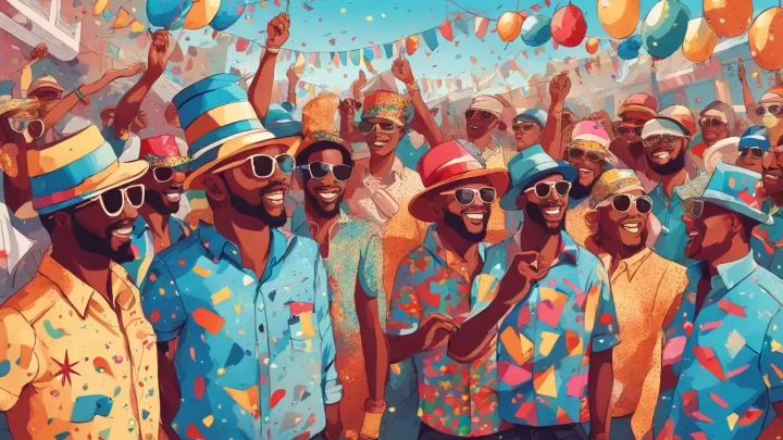 Homens usando chapéus coloridos e óculos escuros em uma cena de Carnaval ao ar livre com decorações festivas.