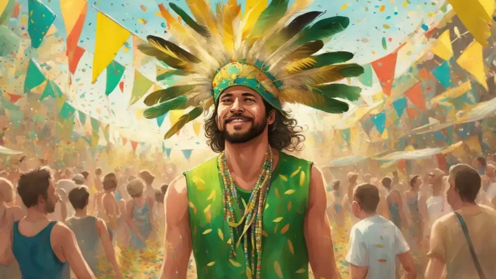 Homem usando cocar verde e dourado, com camiseta sem mangas estampada e calças brancas, em cenário de carnaval ao ar livre.