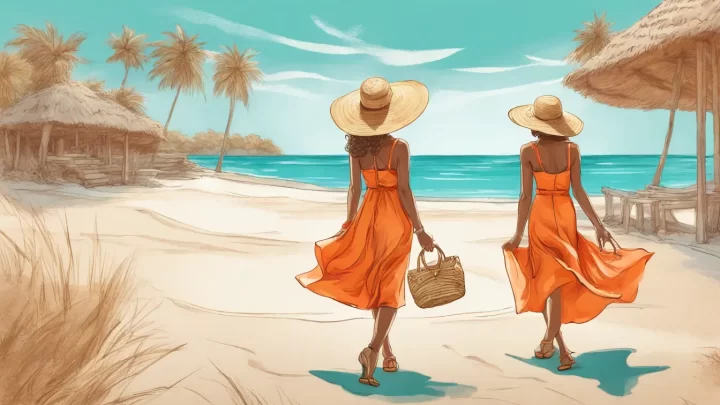 Mulher em vestido laranja vibrante e chapéu de aba larga na praia com céu azul e oceano turquesa.