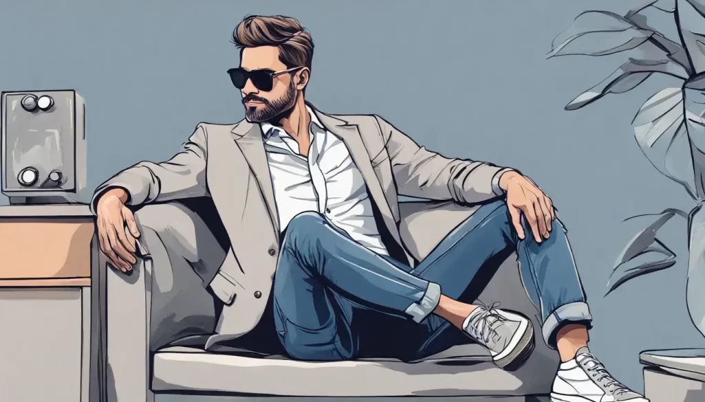 Homem de blazer azul marinho, camisa branca, calças jeans e sapatos pretos em pé contra parede cinza.