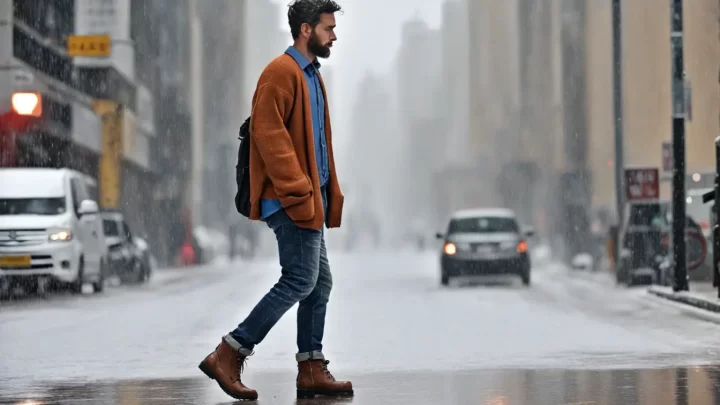 Homem usando cardigan cinza na rua com neve caindo, segurando guarda-chuva, prédios ao fundo.