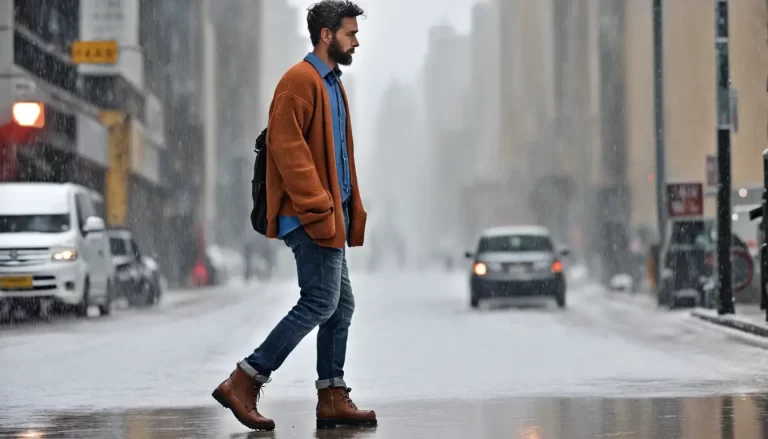 Homem usando cardigan cinza na rua com neve caindo, segurando guarda-chuva, prédios ao fundo.