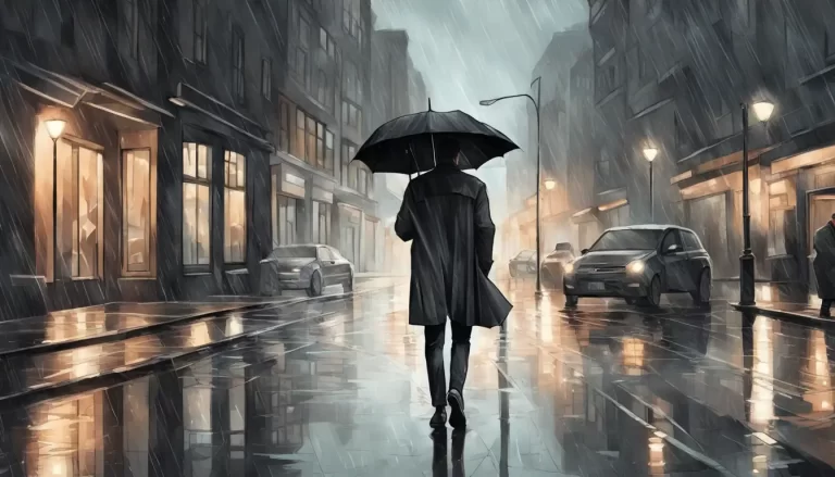 Homem de casaco trench coat escuro com guarda-chuva preto andando em rua de cidade chuvosa com reflexos de luzes.