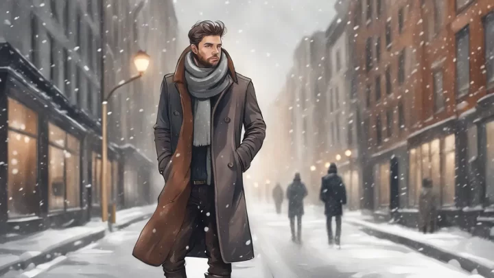 Homem elegante em uma rua nevada usando botas de couro marrons, casaco de lã escuro e cachecol cinza.