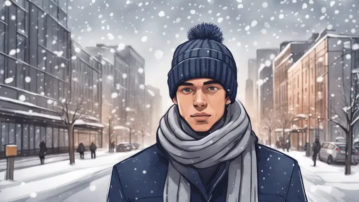 Homem jovem com gorro cinza escuro, casaco azul marinho e cachecol cinza claro em um cenário urbano nevado.