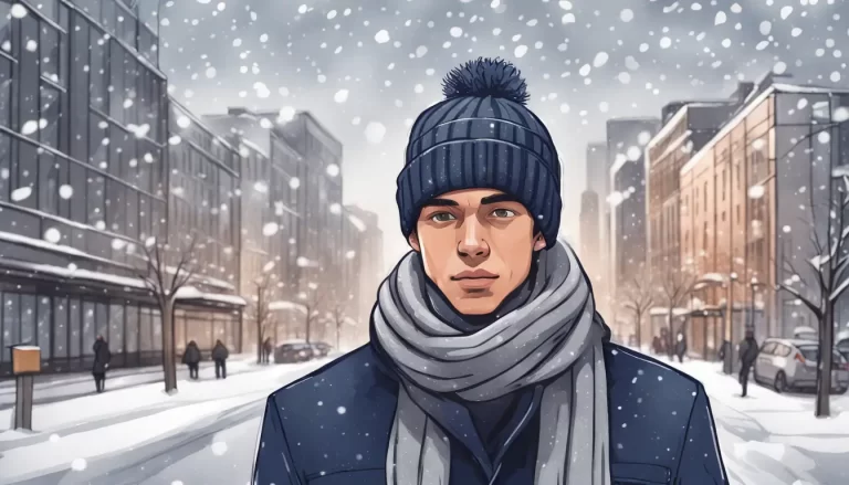 Homem jovem com gorro cinza escuro, casaco azul marinho e cachecol cinza claro em um cenário urbano nevado.