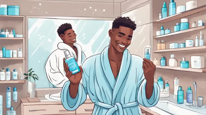 Homem jovem com pele clara em roupão branco segurando tubo azul de cuidados com a pele em banheiro com espelho embaçado.