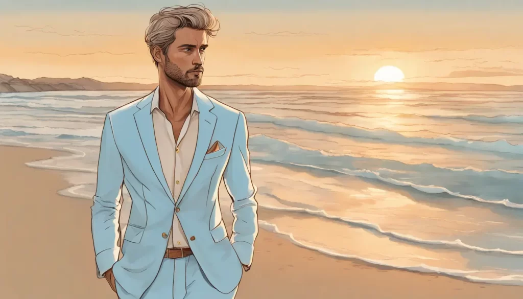 Homem elegante em traje de linho branco na praia ao pôr do sol com camisa azul clara e sapatos de couro.