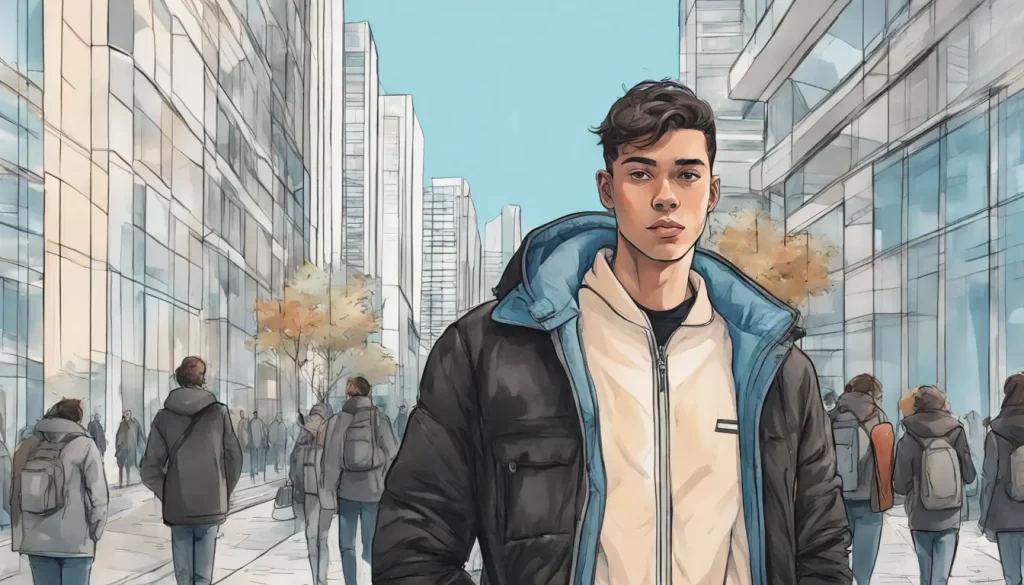 Homem jovem com jaqueta puffer preta em rua urbana cercada por prédios de vidro modernos e pedestres.