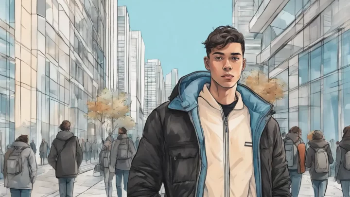 Homem jovem com jaqueta puffer preta em rua urbana cercada por prédios de vidro modernos e pedestres.