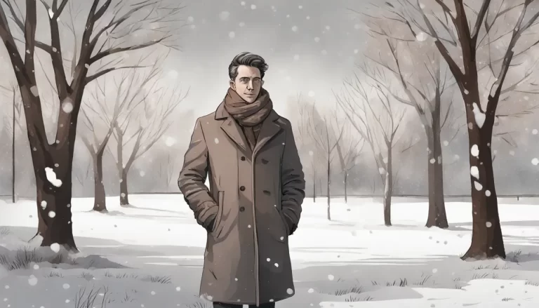 Homem em pé em um parque nevado usando casaco de lã, cachecol e luvas, com árvores e neve ao fundo.