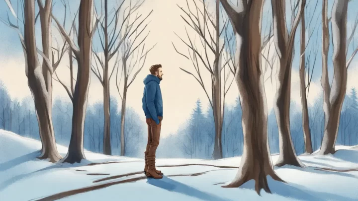 Homem em pé em um parque urbano nevado, vestindo suéter masculino elegante, jeans azuis e botas de couro marrons.