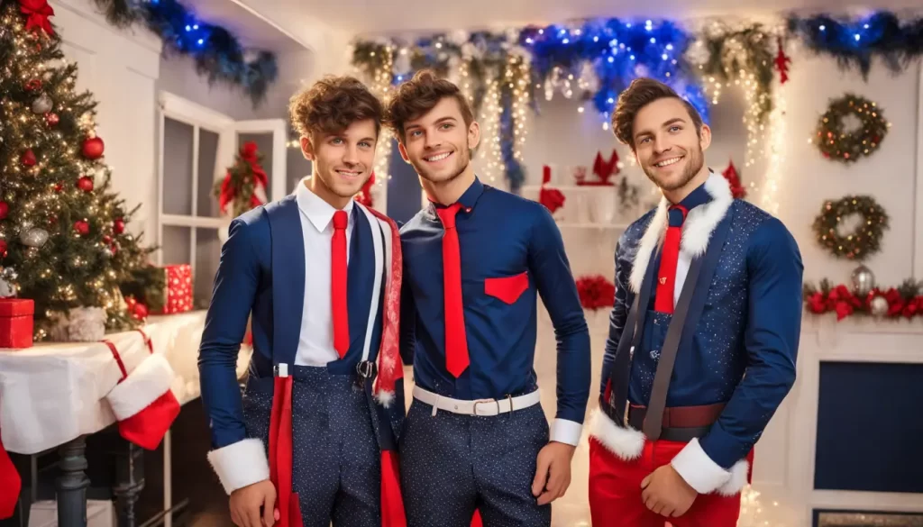 Homem com terno azul e gravata vermelha em sala decorada para o Natal, com árvore iluminada e mesa posta ao fundo.