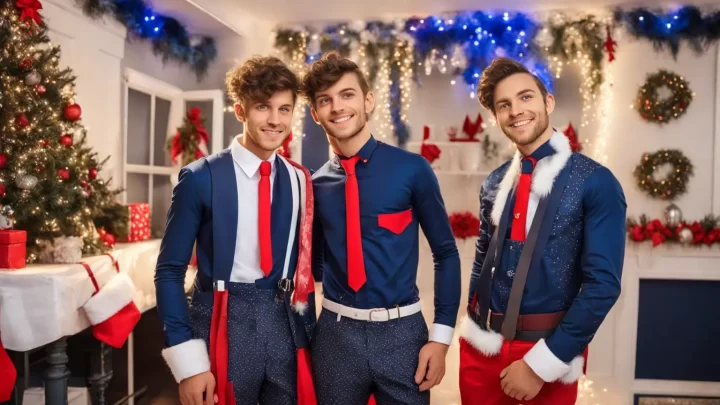 Homem com terno azul e gravata vermelha em sala decorada para o Natal, com árvore iluminada e mesa posta ao fundo.