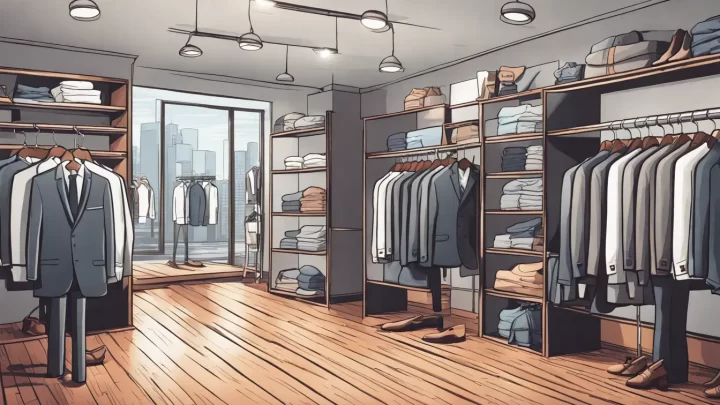Loja de roupas masculinas moderna com ternos, camisas, calças e sapatos organizados e sinal de venda ao fundo.