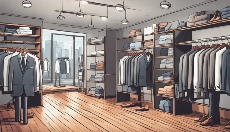 Loja de roupas masculinas moderna com ternos, camisas, calças e sapatos organizados e sinal de venda ao fundo.