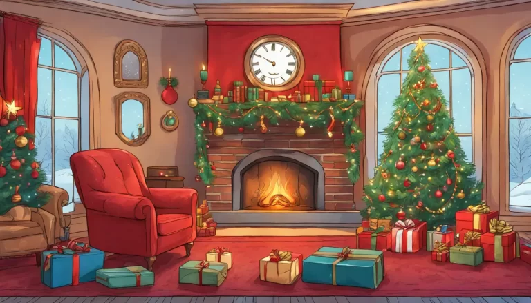 Árvore de Natal decorada com presentes embrulhados, lareira acesa e mesa com relógio masculino, carteira de couro e perfume.