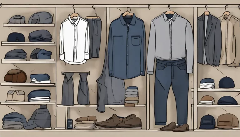 Roupas masculinas em cores neutras com etiquetas de desconto sobre uma mesa de madeira iluminada suavemente.